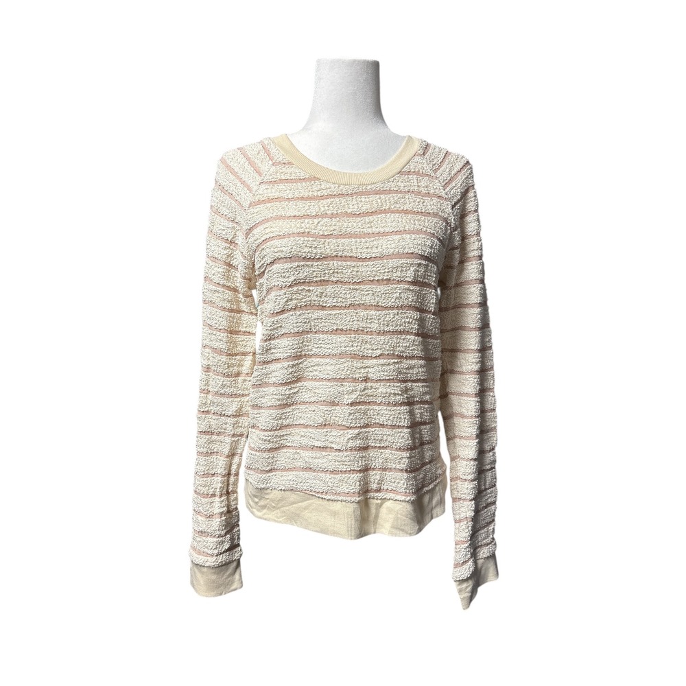 FAHERTY Striped Textured Knit Crewneck Sweater Cream‎ Pink Size M
